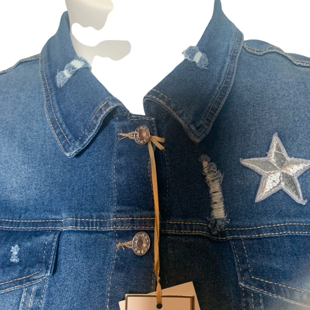 Plus Size 2XL Long Puff Sleeve Stars Embroidered Distressed Denim Jacket - Picture 7 of 11